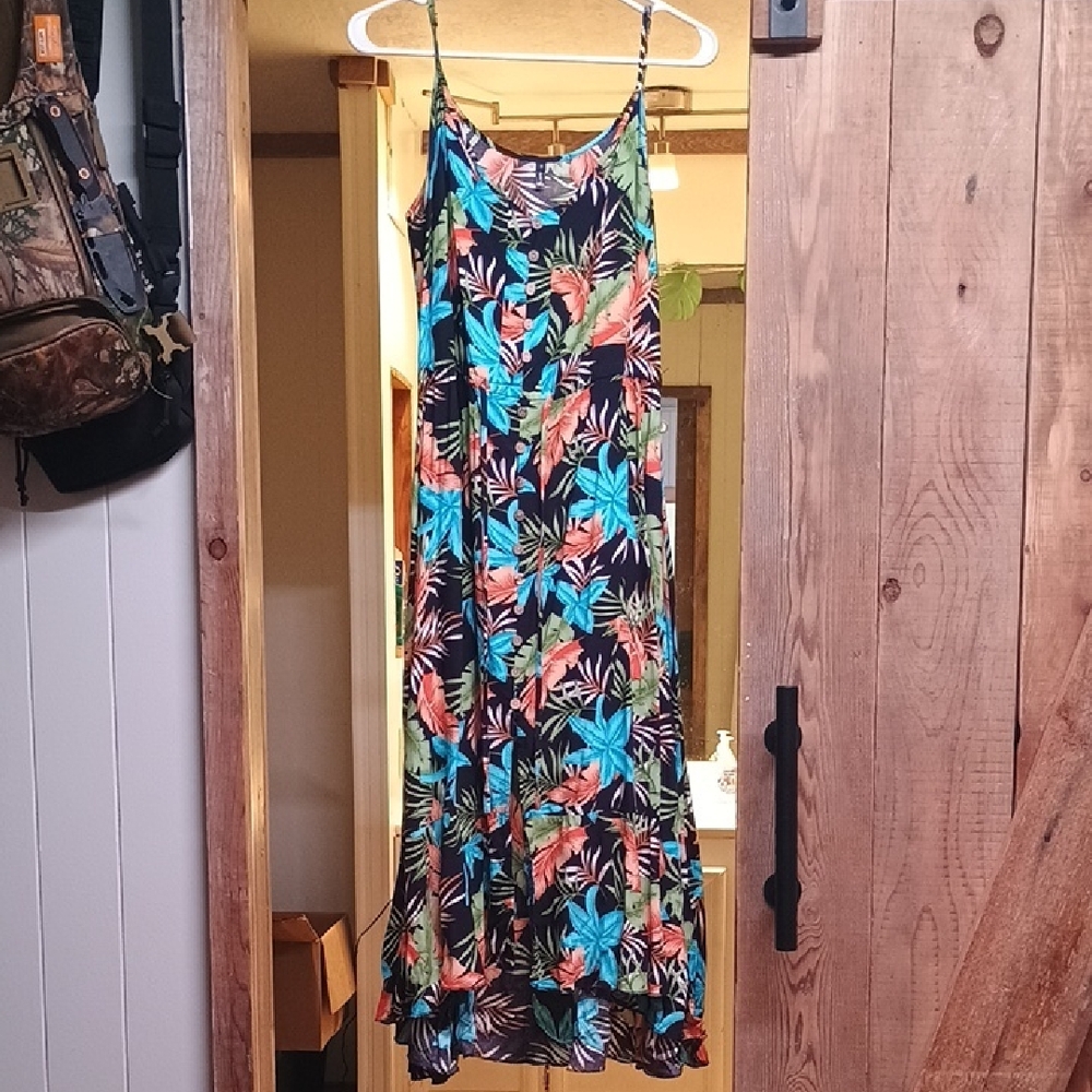 Tropical Print Spaghetti Strap Dress